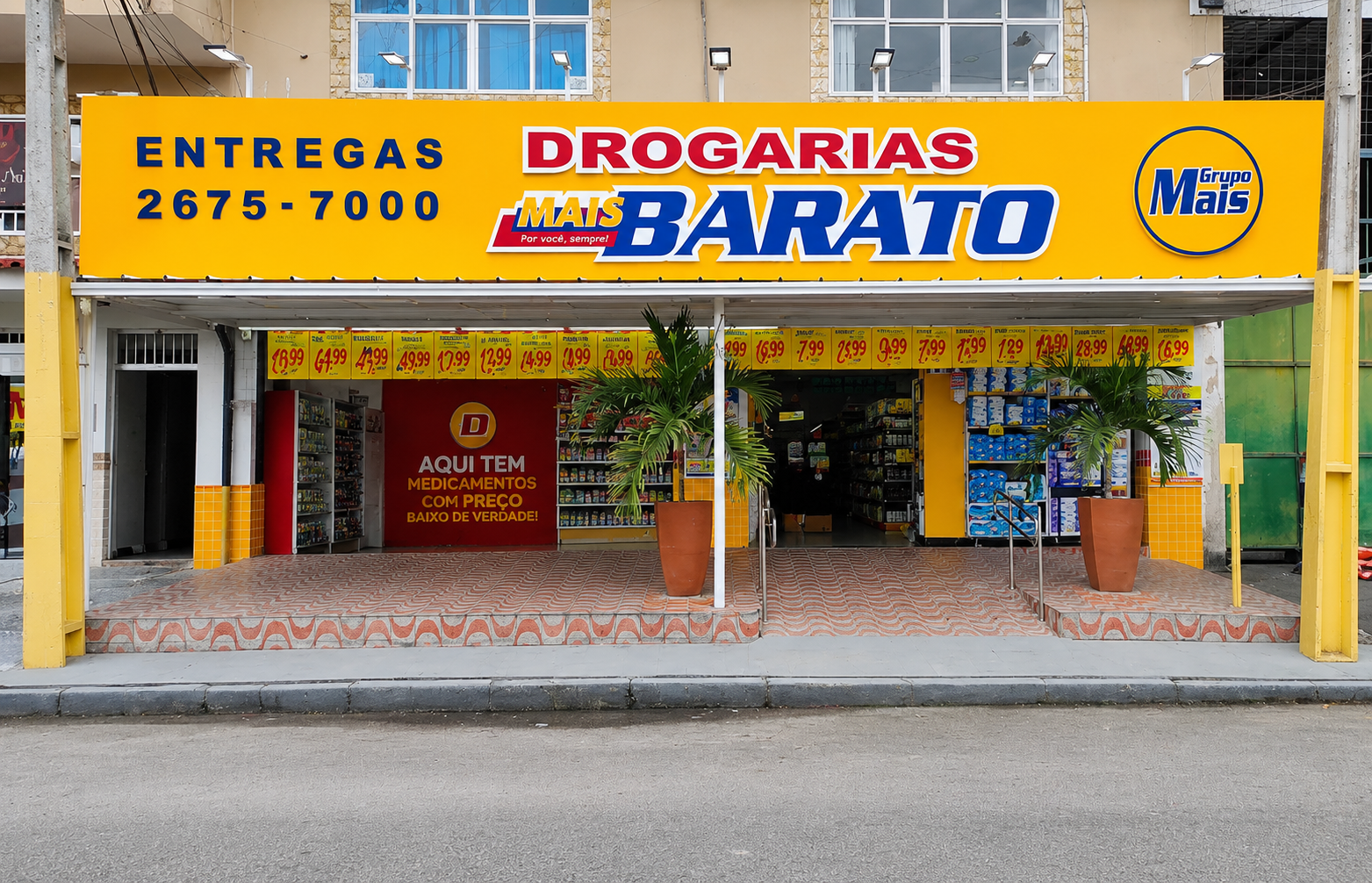 Fachada da Drogaria Mais Barato em Parque Paulista, Duque de Caxias